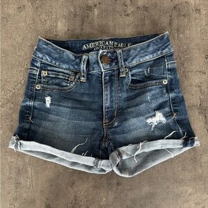 American Eagle Super Stretch Ripped Style Dark Wash Jean Shorts, Women’s Size 00